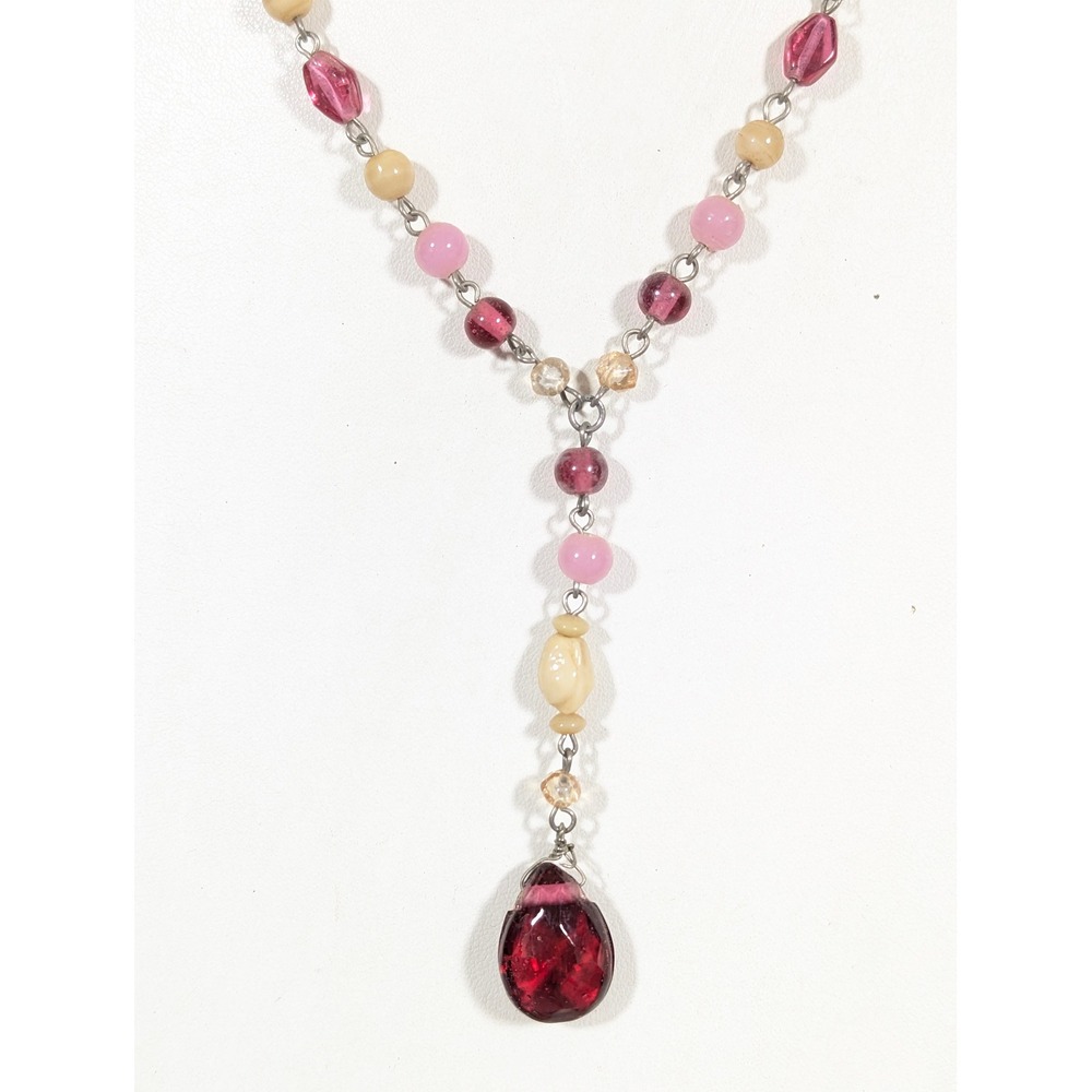 Pink Cream Glass Bead‎ Y Drop Necklace Romantic Feminine 20"